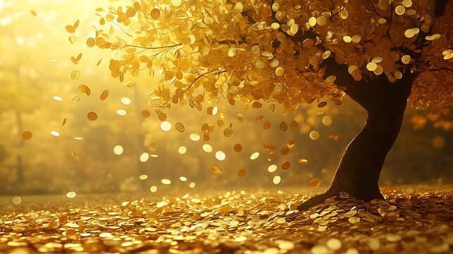 Majestic wealth tree with golden coin leaves shedding riches onto the ground symbolizing success