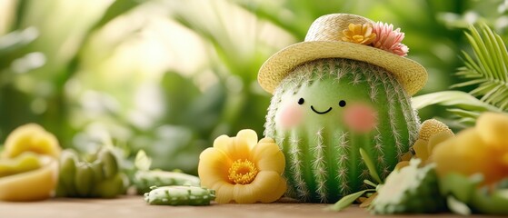 A cheerful cartoon cactus wea a summer hat smiles amidst blooming yellow flowers and lush green foliage outdoors.
