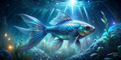Fototapeta premium Enchanted Aquatic Creature in a Submerged Eden, Swimming Gracefully Amidst Luminescent Flora and Fauna