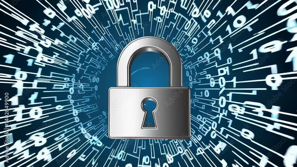 Poster Metallic padlock spinning within swirling digital lines and binary code, representing comprehensive data encryption, network security, and cybersecurity protection concept