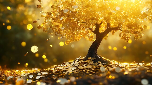 Magical golden money tree with sparkling coin foliage growing in a fantasy world symbol of endless success