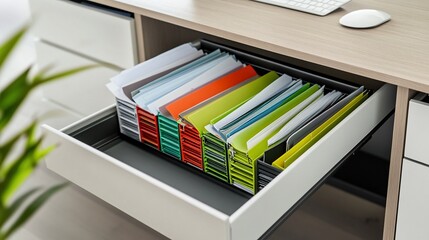 Organized file drawer with colorful hanging files in office setting
