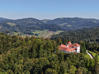 Fototapeta premium Aerial overview and landscape of Bogensperk Castle, Slovenia