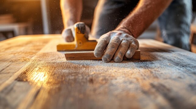 Carpenter sanding a wooden surface. Featuring craftsmanship and attention to detail