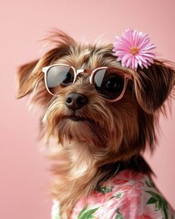 A cute Yorkshire Terrier puppy dog wears sunglasses and a pink flower while posing against a solid pink background for a fashion pet portrait.