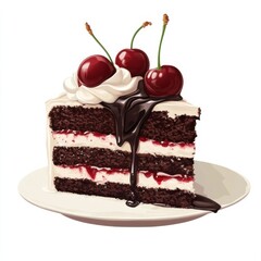 A thick slice of black forest cake with layers of chocolate cake, whipped cream, and cherries