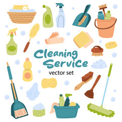 Stock vector cleaning supplies set. Household tools equipment brush, sponge, gloves, napkins. Home chemical detergent in bottles. 