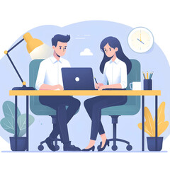 Two people brainstorming at a shared desk in a minimal productivity workspace. Flat vector with bold color contrast and simple composition.