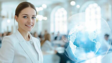 A young professional smiles and points towards a digital globe during a conference in a bright venue, illustrating themes of global communication and innovation to attendees