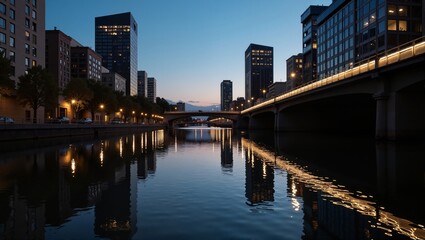 Yarra River Reflections in Australia Melbourne at dusk. River, bridge, vehicles, trees, buildings under colorful sky. Concept of Yarra River Reflections in Australia Melbourne landscape.