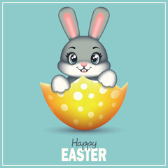 Cute Easter rabbit in a yellow egg on a blue background. Bunny. Easter. Symbol of Easter. Vector children's illustration.