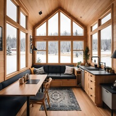 Fototapeta premium Cozy Cabin with Panoramic Winter View