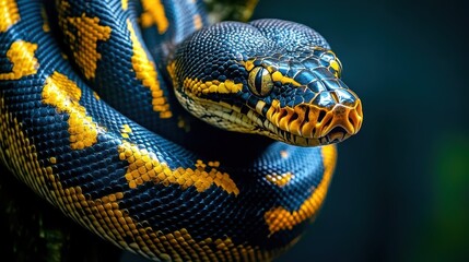 Obraz premium Close-up of a stunning black and gold snake with intricate scales.