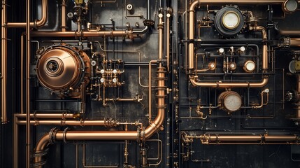 Intricate network of pipes and gauges in a steampunk-inspired industrial setting