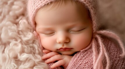 Peaceful newborn baby girl sleeping soundly in a delicate pink bonnet
