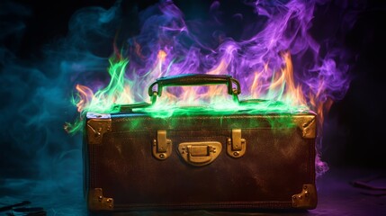 Burning leather briefcase with green and purple flames in a dark background cyberpunk concept for business danger or financial risk illustration 