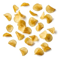 Naklejka premium Crispy Potato Chips Falling on White Background