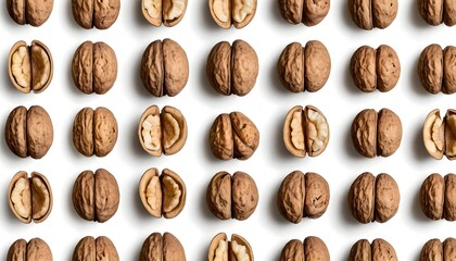 Pattern of Walnuts, Whole and Halved, on White Background