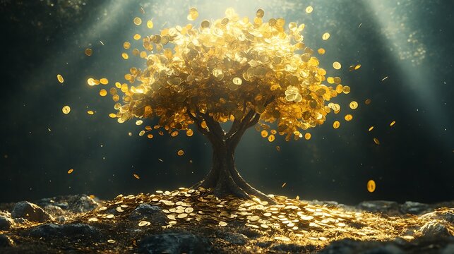 Thriving wealth tree with golden coins as leaves radiating prosperity and success