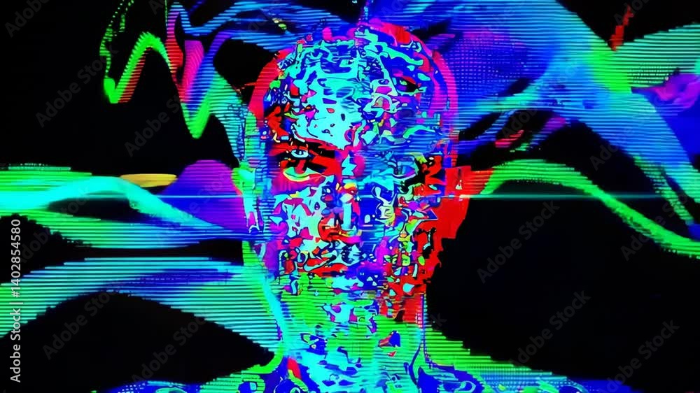 Poster Artificial intelligence concept showing a colorful digital human head transforming and changing colors, with glitching effects and colorful lines moving around it on a black background