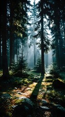 Enchanting Forest: A tranquil forest scene enveloped in a mystical fog, the sun's rays penetrating the dense canopy to illuminate the woodland floor, creating a serene atmosphere.