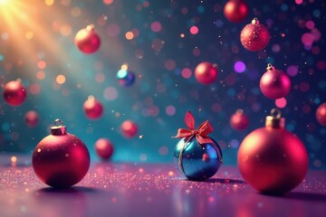 Colorful abstract Christmas balls floating in mid-air , glowing, winter
