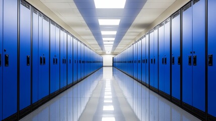 Fototapeta premium Blue lockers line a bright clean hallway with glossy floors reflecting the overhead lighting ideal for school storage or interior design concepts 
