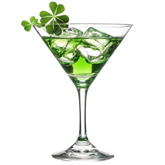 Green cocktail with ice and shamrock on transparent background