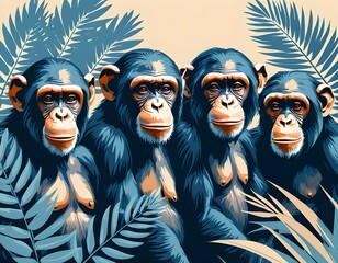 Obraz premium Four Chimpanzees in Lush Tropical Foliage