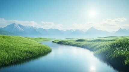A winding river flows through a grassy landscape with mountains