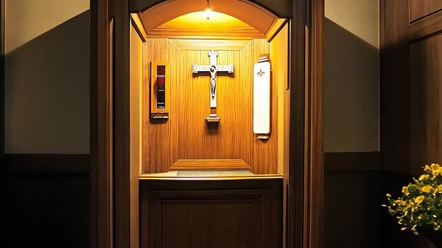 A serene chapel interior featuring a wooden confessional booth illuminated softly, with flowers