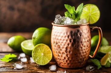 A refreshing copper mug filled with a minty cocktail, ice, and lime, surrounded by fresh limes on a rustic wooden surface.