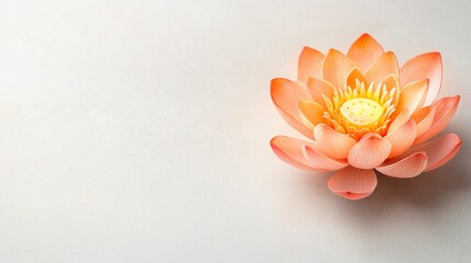 A serene peach-colored lotus flower blossoms elegantly on a minimalist off-white background creating a peaceful and tranquil atmosphere.