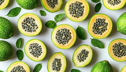 Naklejka premium Fresh and vibrant papayas and avocados arranged with green leaves for a lively culinary presentation. Isolate on white background, copy space, 300dpi, commercial use