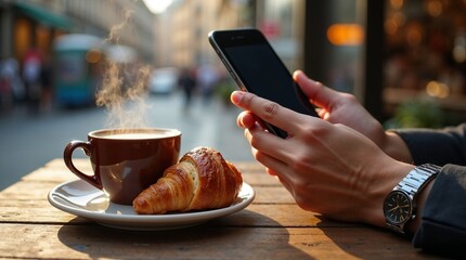 Man enjoying coffee and croissant while using smartphone outdoors  