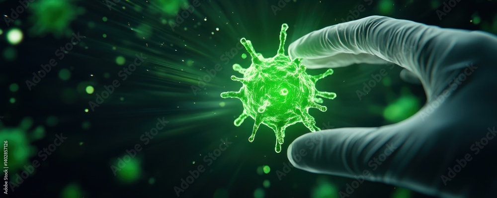 Poster a gloved hand gently cradles a luminous green virus particle against a dark background showcasing mi