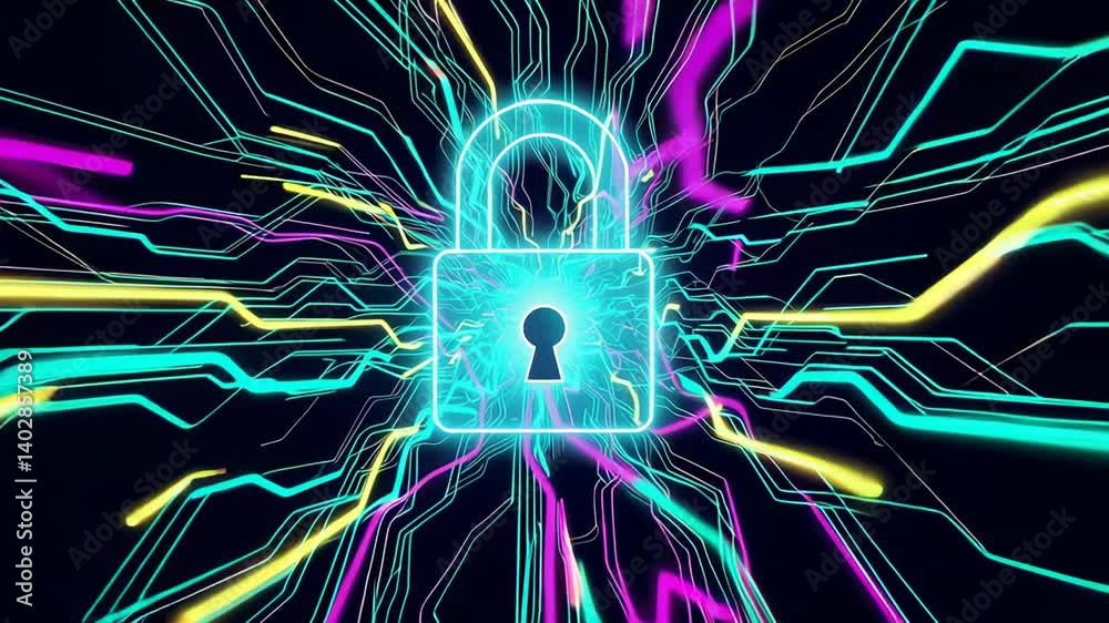 Aufkleber Glowing neon lines streaming across dark circuit board surface, converging on illuminated padlock icon representing comprehensive digital security and advanced data protection principles