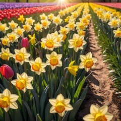 Obraz premium Sunlit Daffodil Field with Tulips