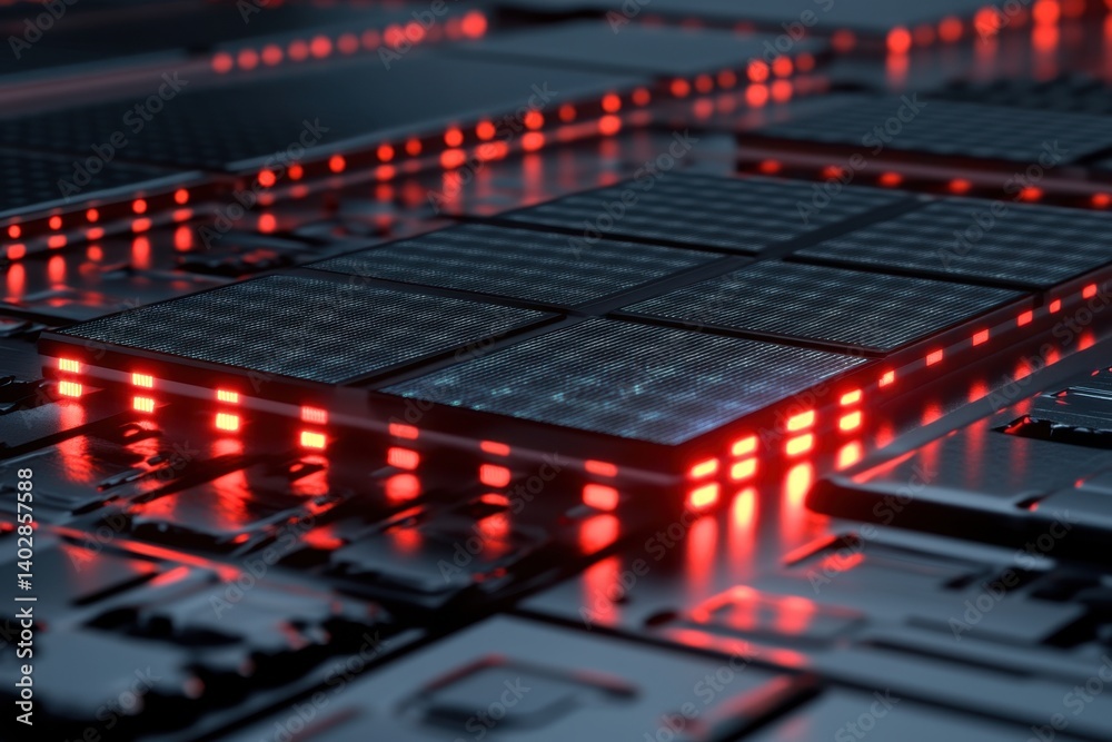 Poster close-up view of dark circuit board with illuminated red highlights in a tech environment