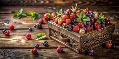 A rustic wooden box overflowing with a delightful assortment of summer berries, including plump strawberries, juicy raspberries, blueberries, and blackberries, garnished with fresh mint leaves
