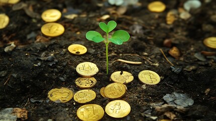 Bright green seedling growing among golden coins on fertile ground symbolizing financial success