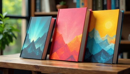 Pattern of book cover mockup with three sizes on a wooden desk, design, mockup