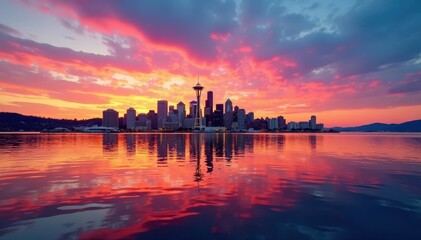 Fototapeta premium Seattle skyline reflected in Puget Sound's sunset waters , stunning, horizon