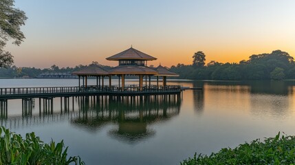 Fototapeta premium A tranquil wooden structure on the lake at sunset time