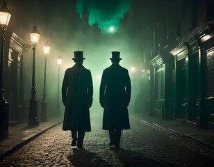 Obraz premium Mysterious Men Walking Down Foggy Victorian Street at Night