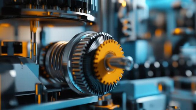 Intricate machinery features detailed gears and mechanisms in a brightly lit industrial environment showcasing engineering precision and innovation
