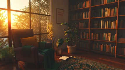 A cozy reading room with sunlight and well stocked bookshelves