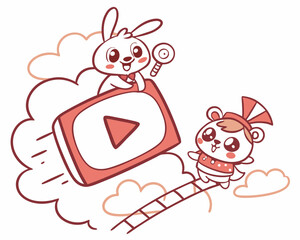 Cute rabbit and bear playing with a video icon in the clouds  