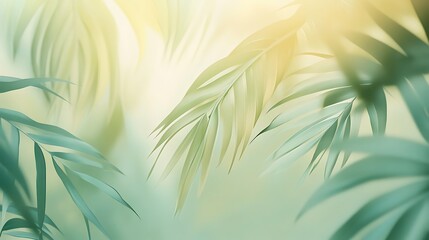 Soft, delicate green leaves with a dreamy bokeh background featuring warm sunlight hues creating a tranquil and serene atmosphere