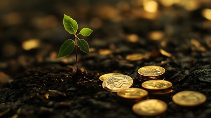 Tiny green sapling rising from the ground among stacked gold coins symbolizing long-term investment